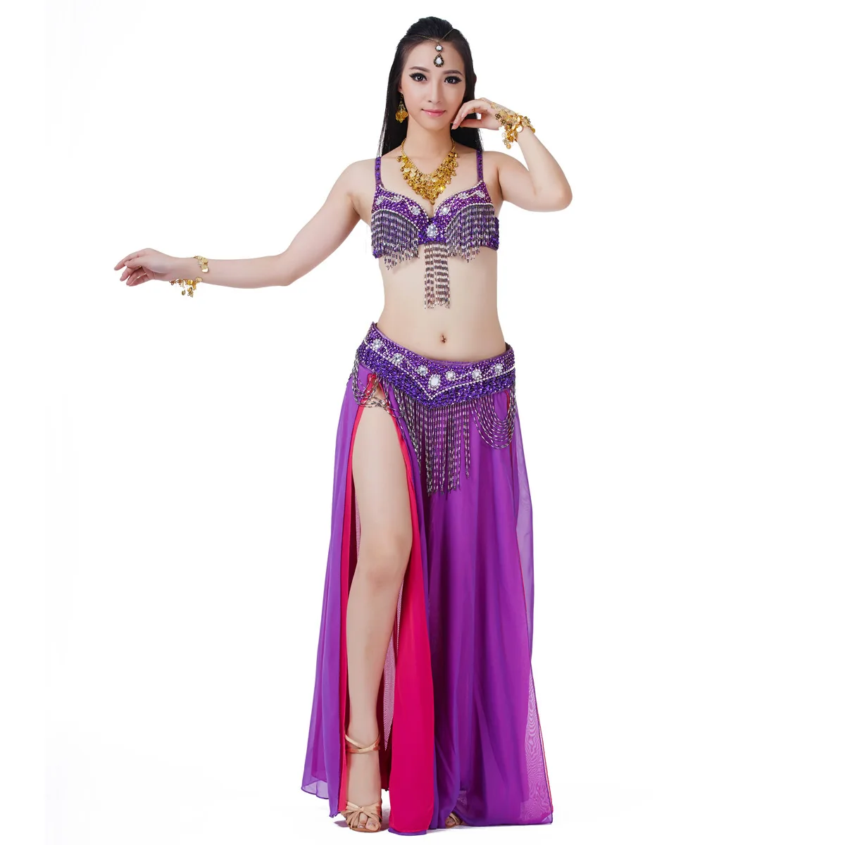 Hot Sale Hight Quality Women Girls Practice Costume Fringe Bra Chiffon Skirt Belly Dance Set