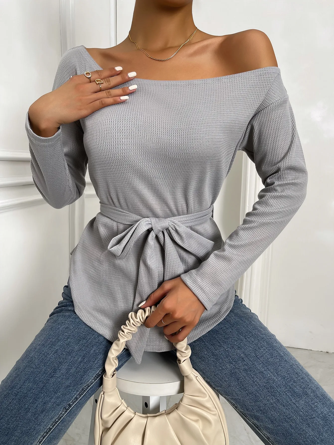 Spring Fall Sexy Asymmetrical Neck Belted Tee Drop Shoulder t-Shirts Knitted Pullover Woman Waffle t-Shirt With Waist Belt