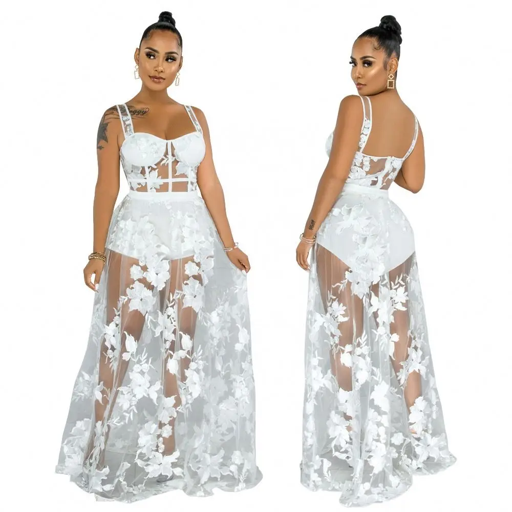 XL Korea Classy Fashion Boutique Clothing For Women Summer Sexy Embroidery See Through Two Piece Night Club White Clothes Casual