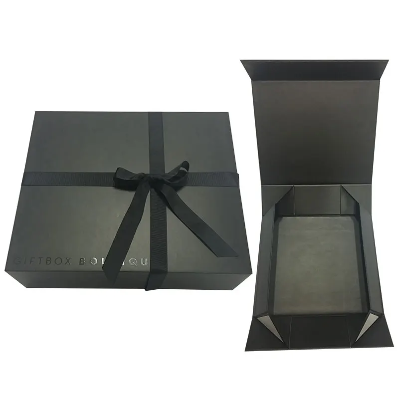Matt Black Cardboard Foldable Gift Box With Black Ribbon Spot Glossy Logo Magnetic box