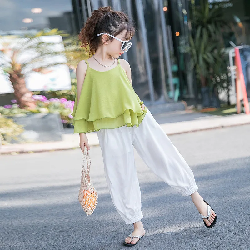 
Girls Summer New Sleeveless Solid Color Kids Fashion Sling Vest Two Pieces Set Children Clothes For Wholesale 
