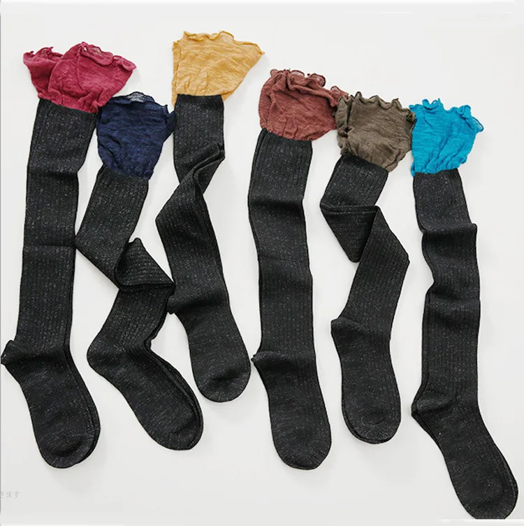 
Wholesale fashion ruffled women glitter thigh high socks casual ladies over the knee socks with silver silk 