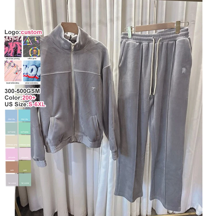 OEM Mens Sportswear Velour Tracksuit 2 Piece Zip Up Jacket And Pants Sweatsuit Set Custom Logo Embroidery Men Velvet Jogger Sets