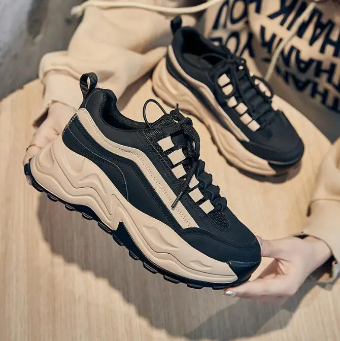 Spring new real soft leather sneakers female student running thick bottom heightening sneakers