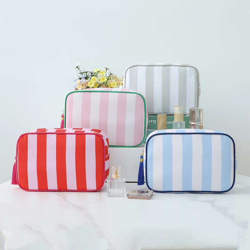 Cosmetic Bag Organizer Make Up Bags For Women Wedding Gift Canvas Stripe Travel Toiletry Bag
