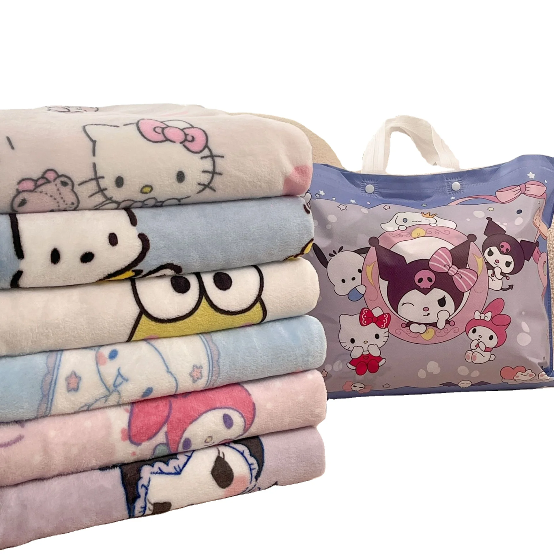 custom design Cartoon Kt Warm Soft Fluffy Throw Quilt Car Portable fold warm Sofa Bedroom Plush Kid Travel Blanket with bag