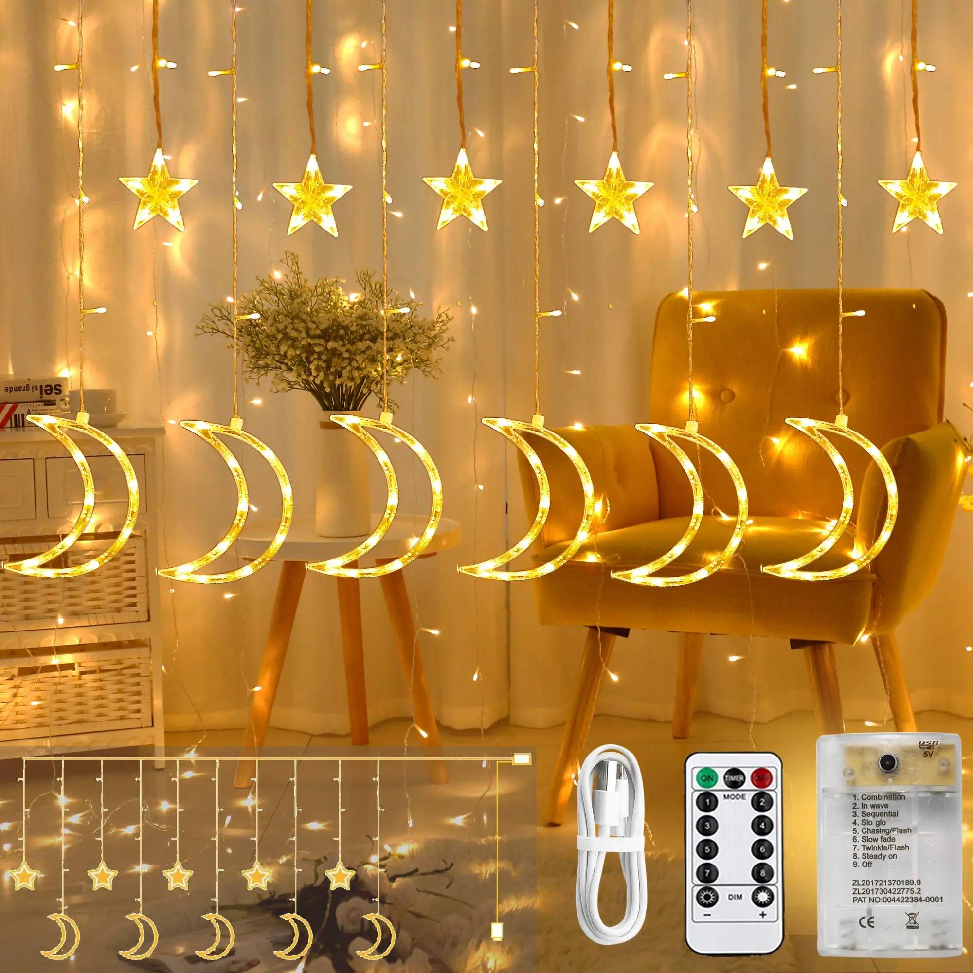 Factory made Wholesale Eid Ramadan Eid Decoration 138 LED Fairy Lights Christmas Fairy Led Moon Star Window Curtain Lights