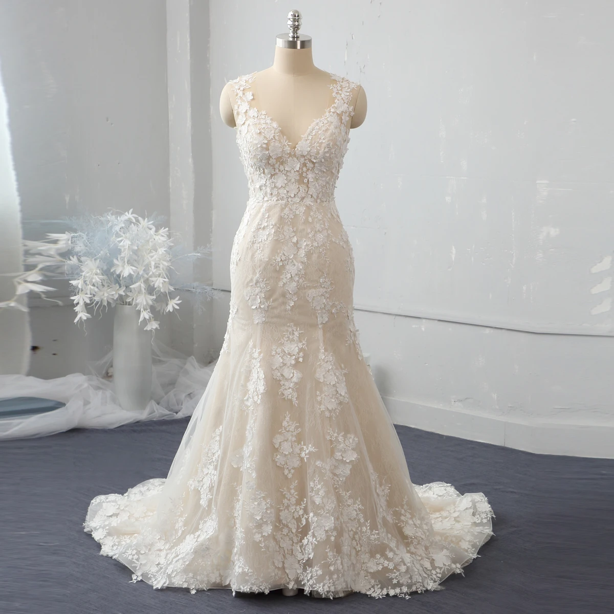 Champagne fit and flare mermaid wedding gown with detachable overskirt two pieces wedding dresses