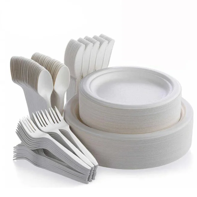 biodegradable reusable pla camping plastic compostable cutlery set with sugarcane bagasse paper plates