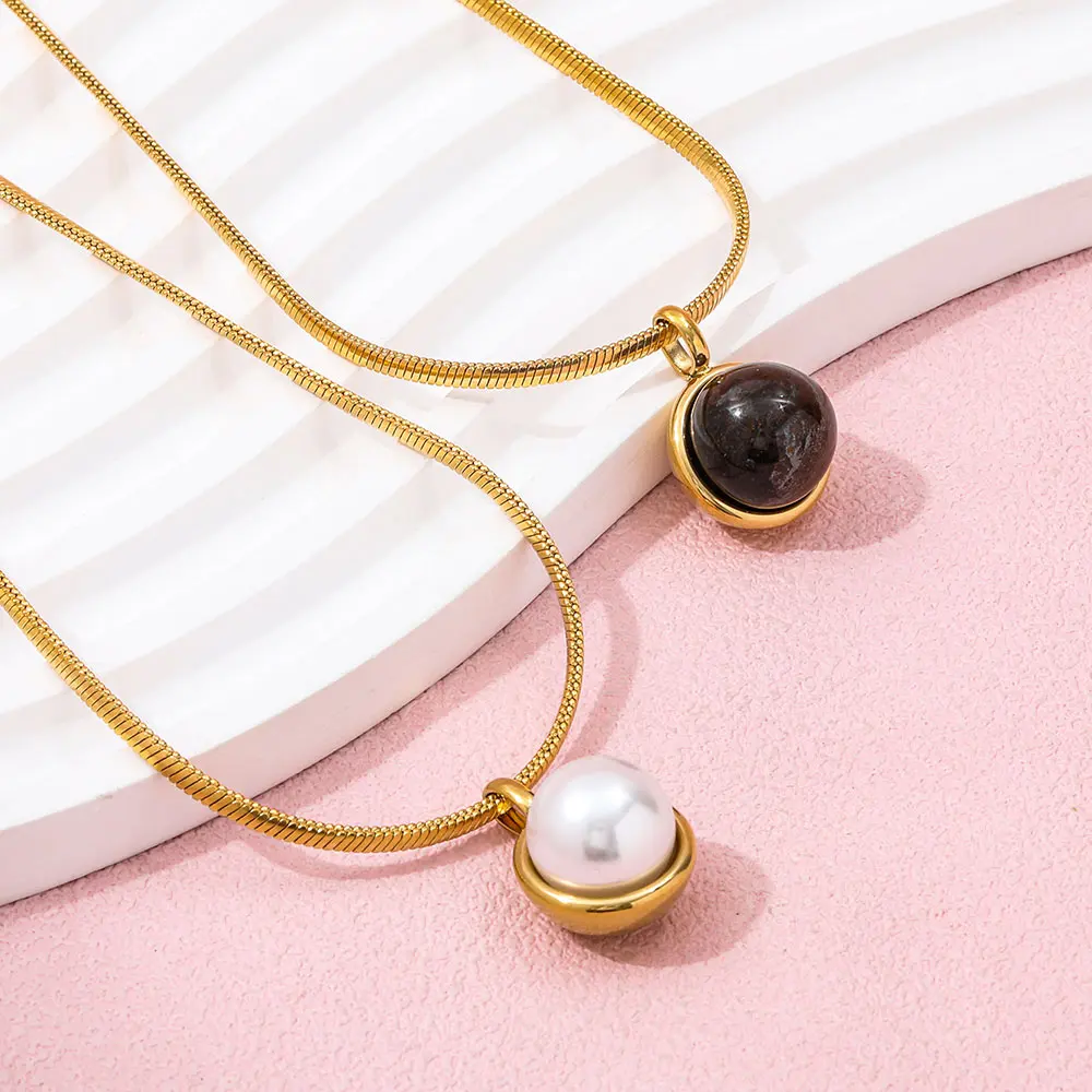 Joolim Jewelry 18K Gold Plated Imitation Pearl Tiger-Eye Pendant Necklace Trendy Vintage Stainless Steel Snake Chain Link