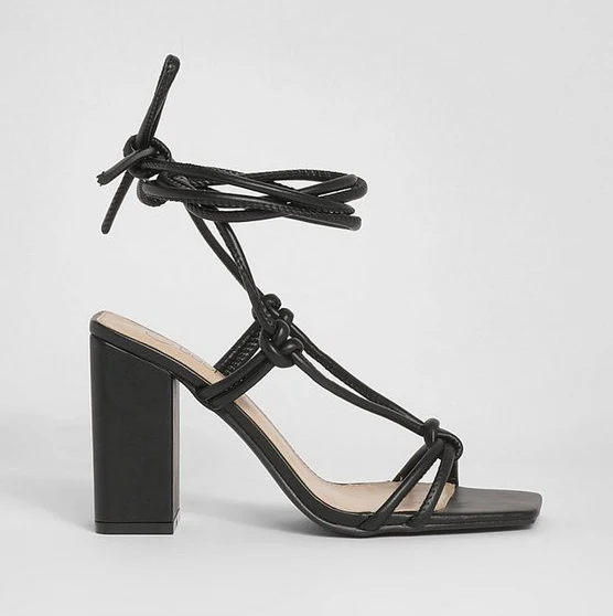 Black Wide Fit Strappy Knot Detail Block high Heels wide fit strappy Square toe sexy heels sandals
