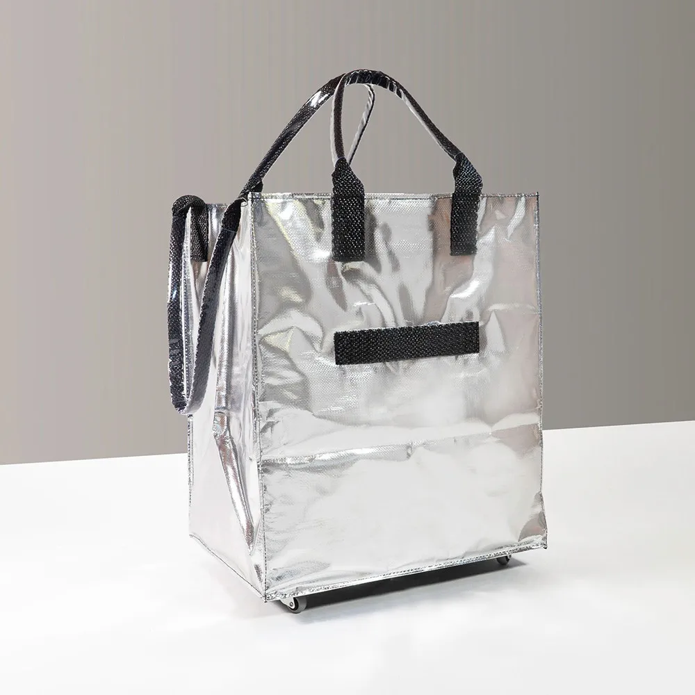 Black Sliver Shopping Tote Rolling Bag Foldable Grocery Shopping Bag with Wheels OEM Portable Trolley Shopping Bag With Wheels