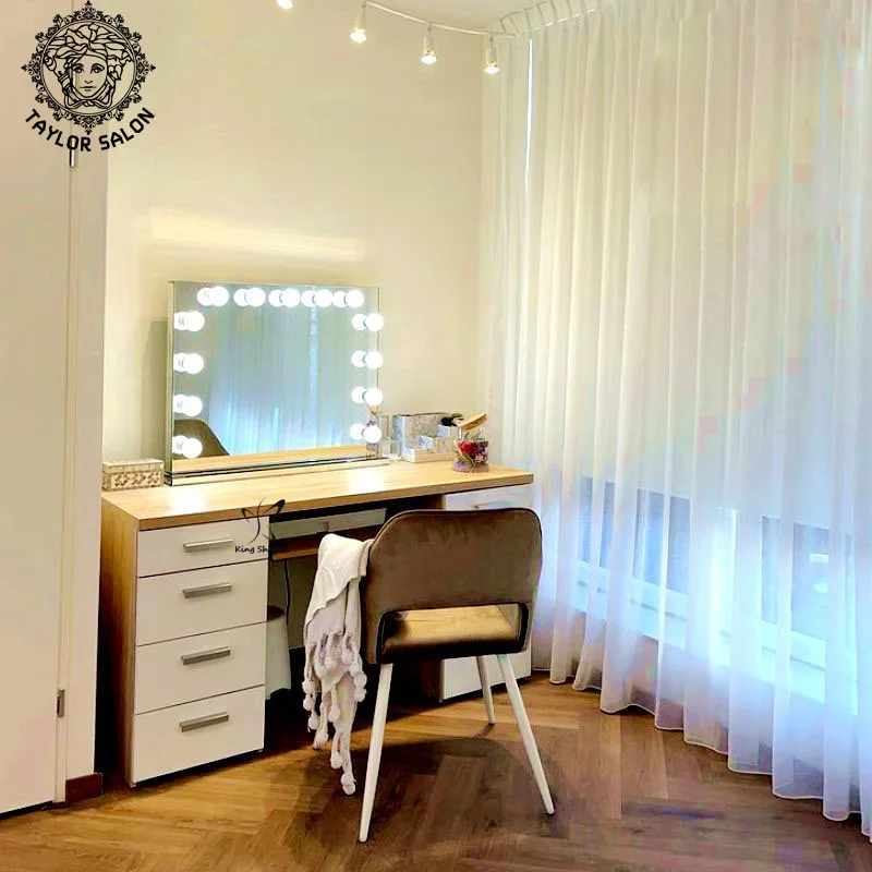 Modern Design Salon Furniture Style Mirror MDF Barber Station Hair Salon LED Mirrors Dressing Table With Drawers