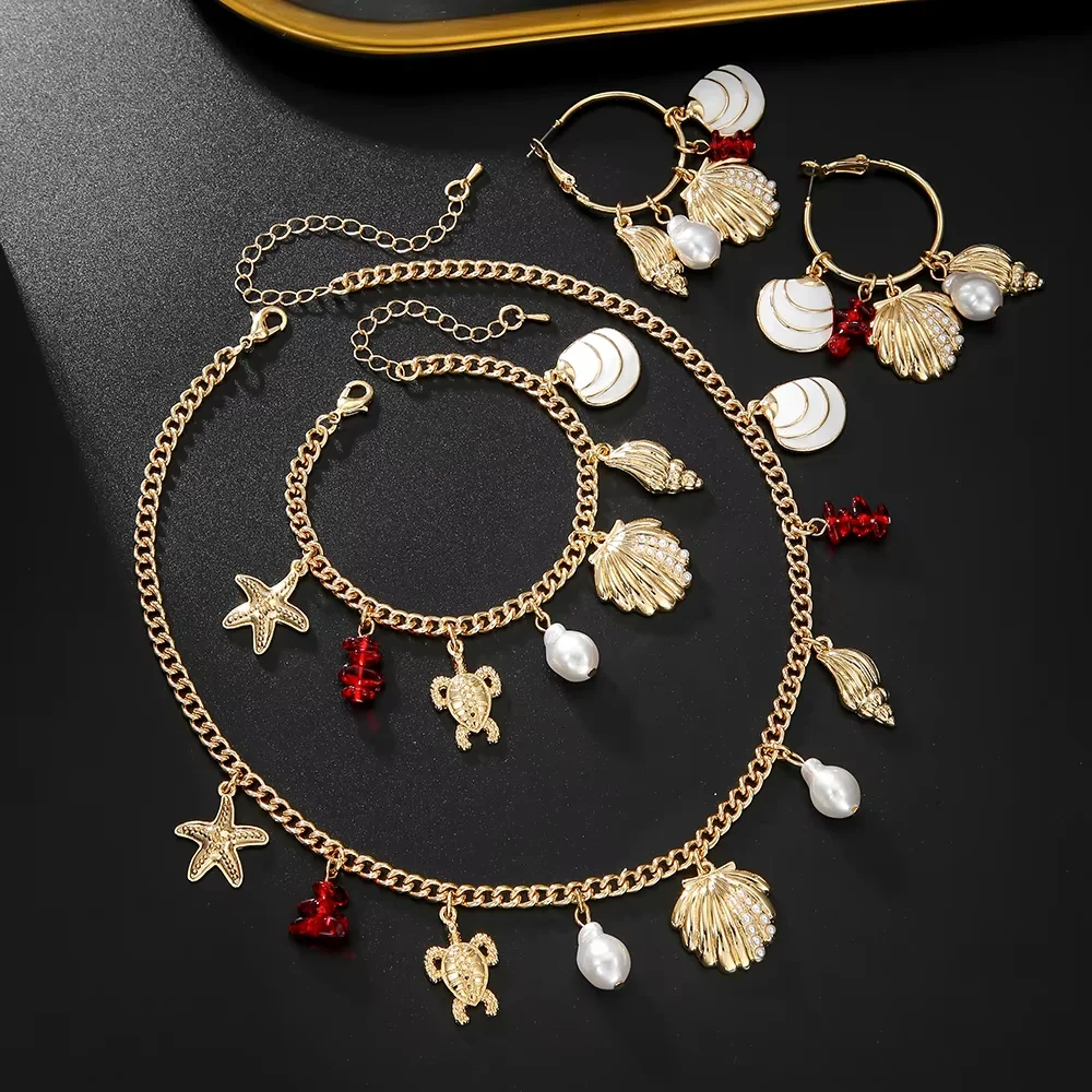 2024 High Beauty Creative Pearl Shell Pendant Necklace Premium Marine Life Pendant Earring Set