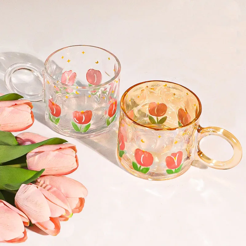 High Quality Tulip Glass Cup Creative Office Water Cup with Big Ear Handle Amber Color Coffee Tea Mugs