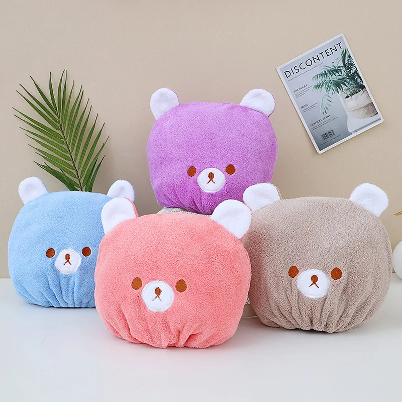 Cartoon Coral Plush Dry Hair Embroidered Princess Bear Bathing Hat for Children