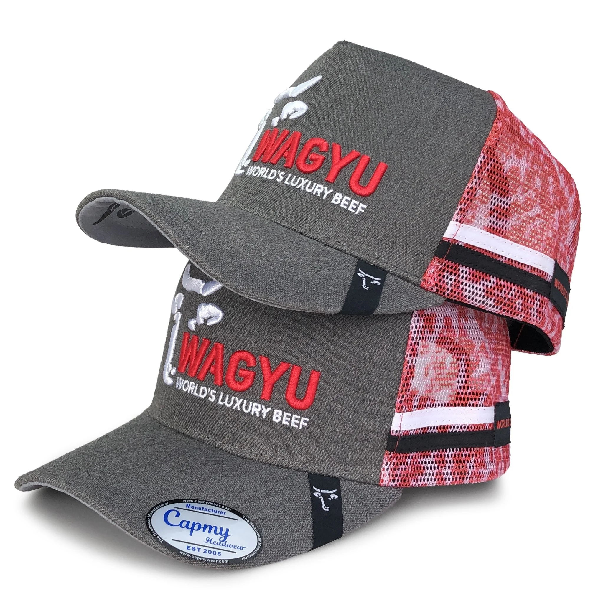 Good Quality Australian Custom Embroidery Logo 5 Panel Trucker Cap Hat Grey Stripes Australia High Profile Country Trucker Caps