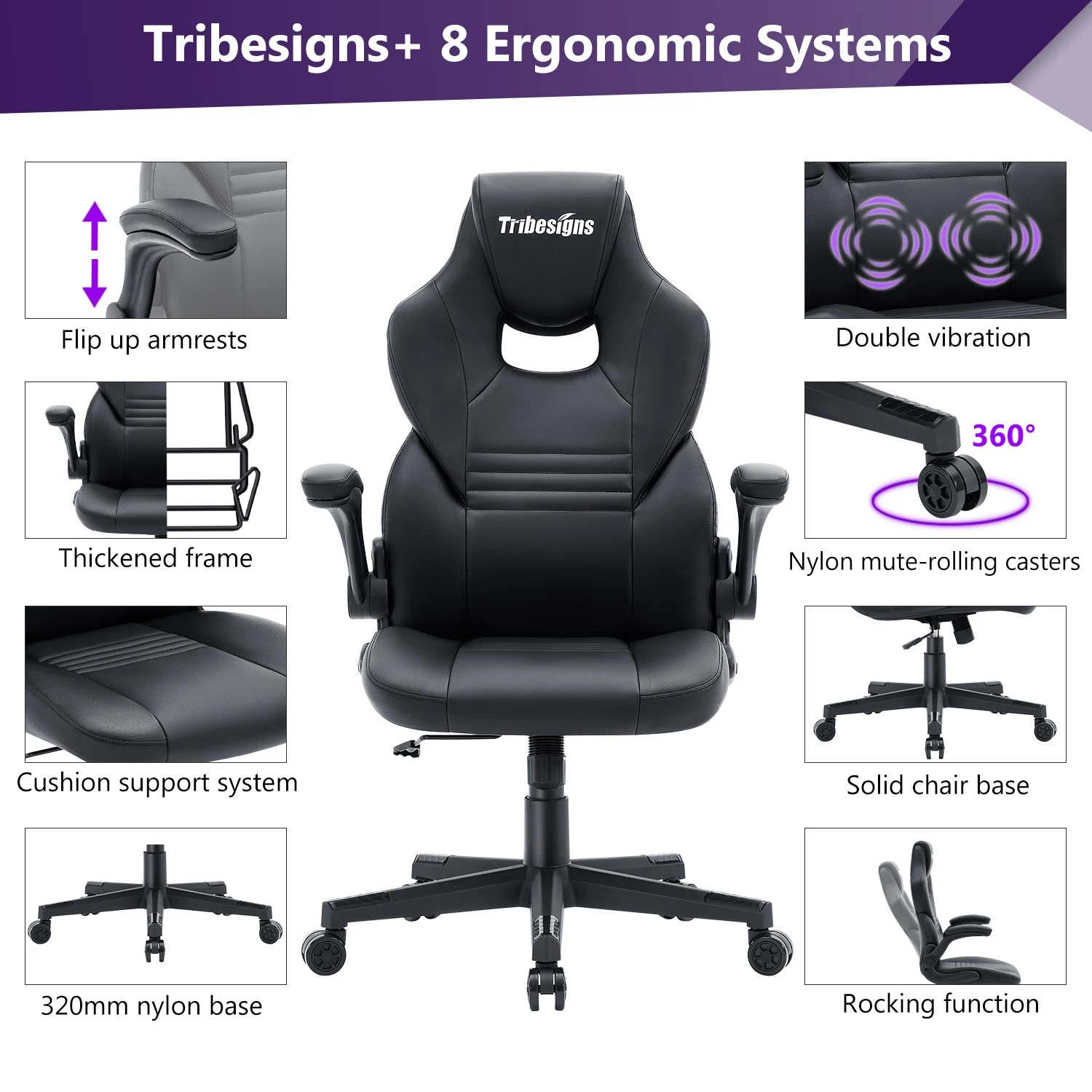 Tribesigns Black Comfortable Computer Video E Sport Gaming Player Computer Gaming Chair Massage Office Chairs With Nylon Base