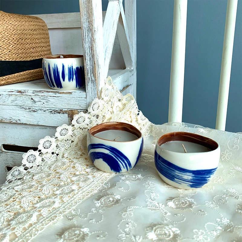 modern hand-painting blue design ceramic candle holder home decor candle cup