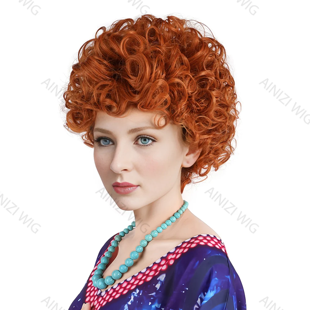 Ainizi red brown curly Mrs Roper cosplay wig for old ladies