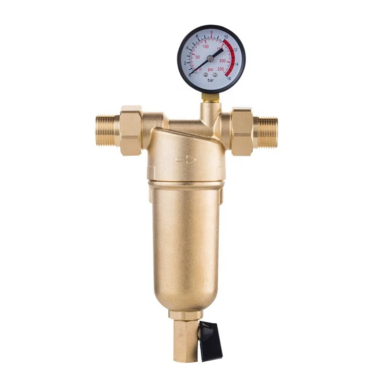 Brass Home Main Water Line Pure Filter 40 60 Micron SS Mesh Water Filter With Pressure Gauge