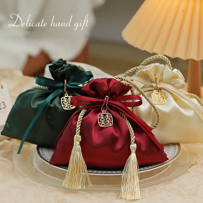 Luxury Satin Drawstring Bags With Tassel And Hanging Ornaments Hand Gift Candy Pouch For Wedding Birthday Supplies