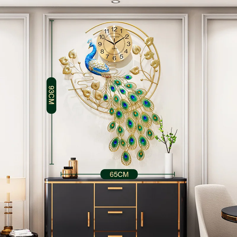 Fashion Gold Peacock Wall Art Clock For Living Room Decor luminous wall clock