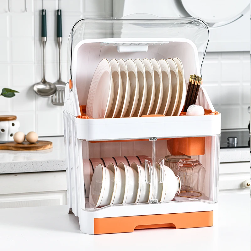 Hot sale Plate Dish Bowl Cups Spoon Storage Rack Kitchen 2 layers Plastic Dish Drying Drainer Dish Rack with Lid