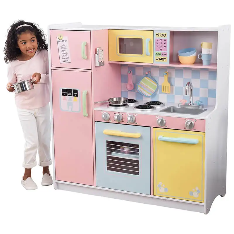 New Arrival Kids Upright Wooden Kitchen Toy Play set with Stove, Oven, Fridge and Accessories, Espresso/Gray
