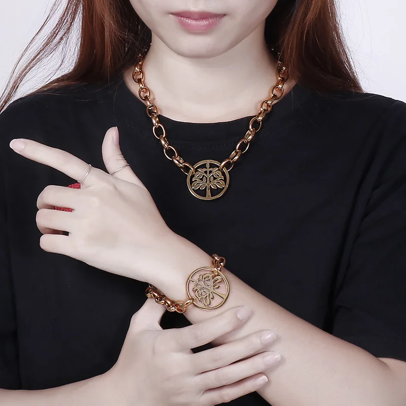 Kalen Fashion Adjustable Link Chain Hollow Tree Bracelet Necklace Women Stainless Steel Jewelry Set