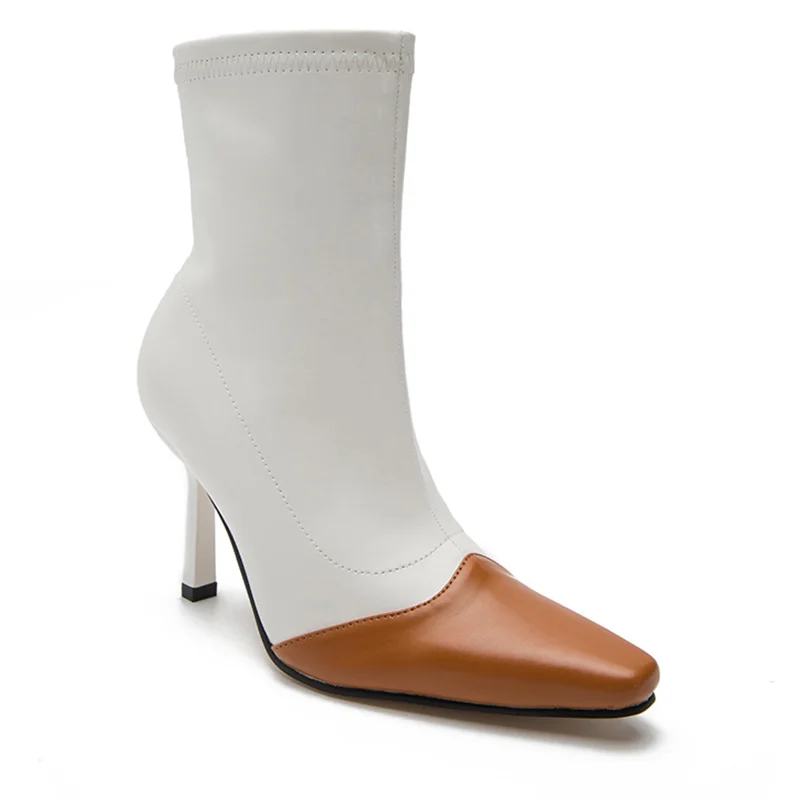 2024 Fashion European Style Double Color Stitching Ladies Thin Heel Boots Luxury Dress Ankle Boots Heels for Women