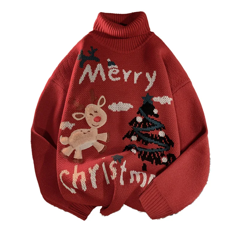 Black Friday Custom Logo Xmas Tree Deer Elk Jacquard Knitted Turtleneck Pullover Ugly Christmas Sweater Plus Size Men