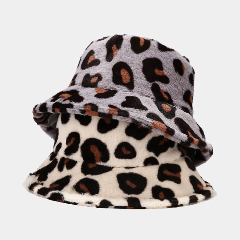 Wholesale Custom Women Colorful Leopard Printed Pattern Design Winter Thick Furry Plush Fisherman Bucket Hat Caps