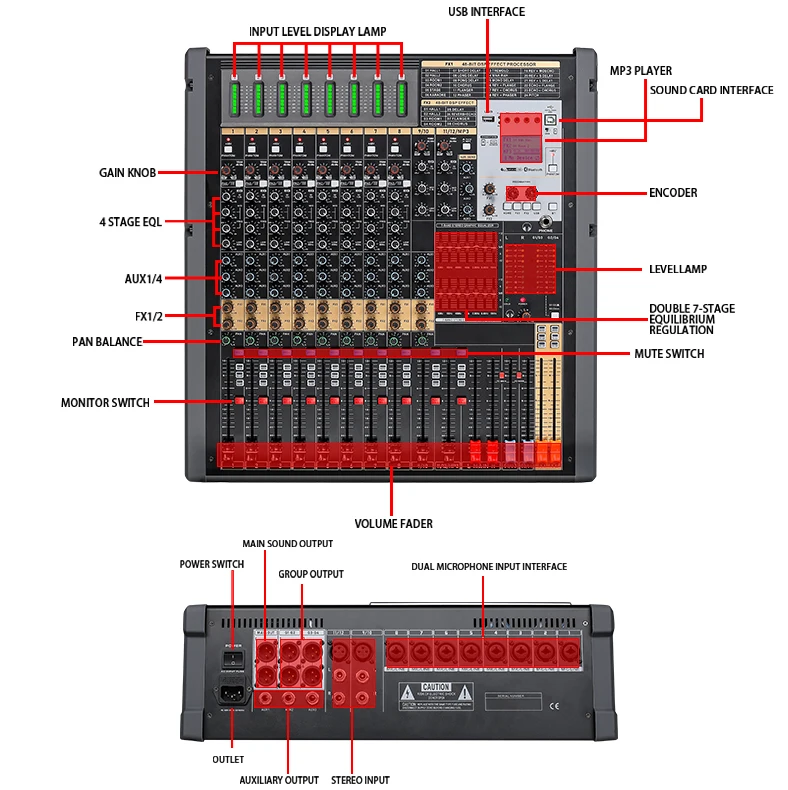 TFB-12  Professional 12 channels main out-put  audio mixer effect sound mixer dj console usb interface controller