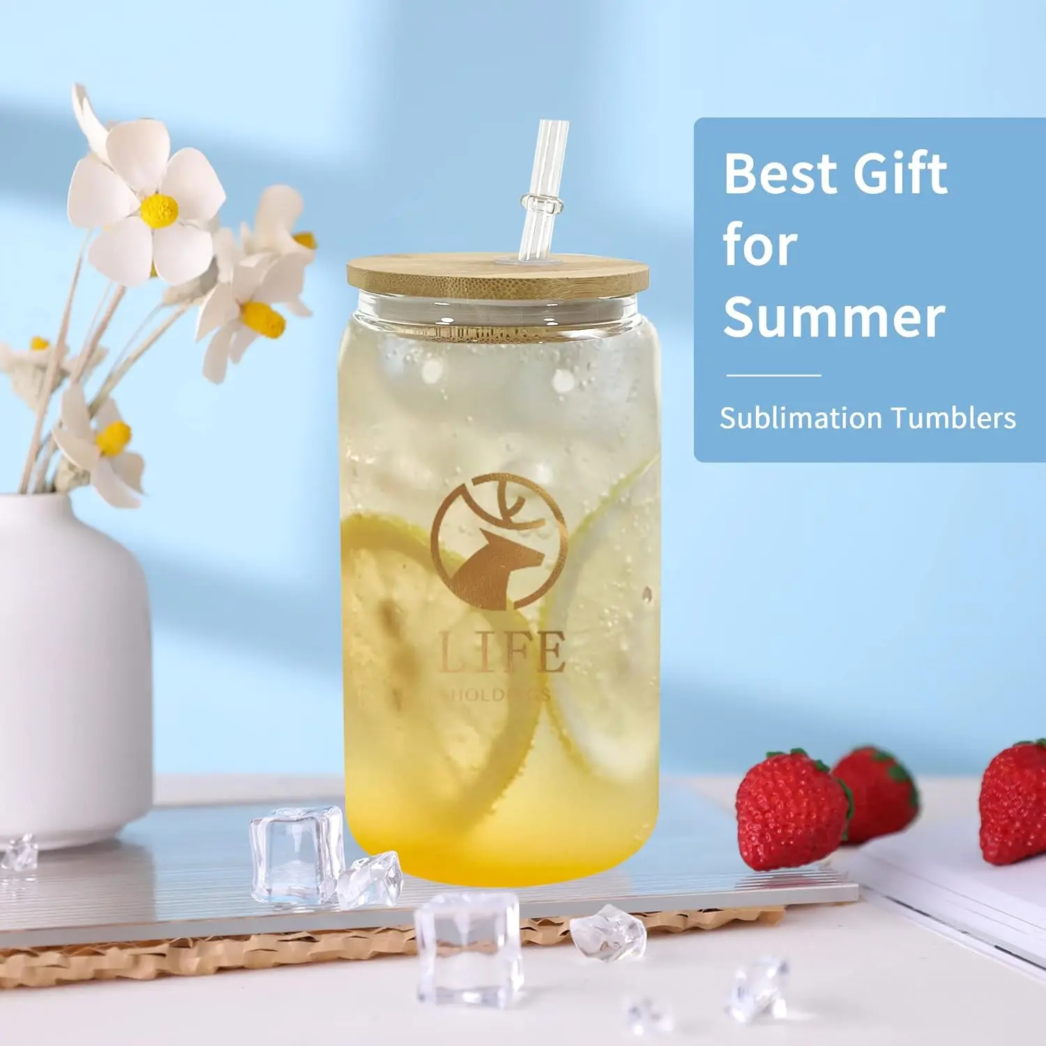 16oz Clear Sublimation Glass Blank Tumbler with Bamboo Lid for Beer Iced Coffee Sublimation and HTV Vinyl Crafts