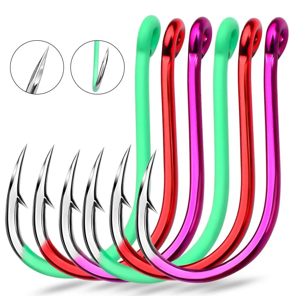 New 10pcs bag Colorful Luminous High Carbon Steel Fishing Hooks Fluorant Rust proof Offset Saltwater Freshwater Fishhook 0.8-15#