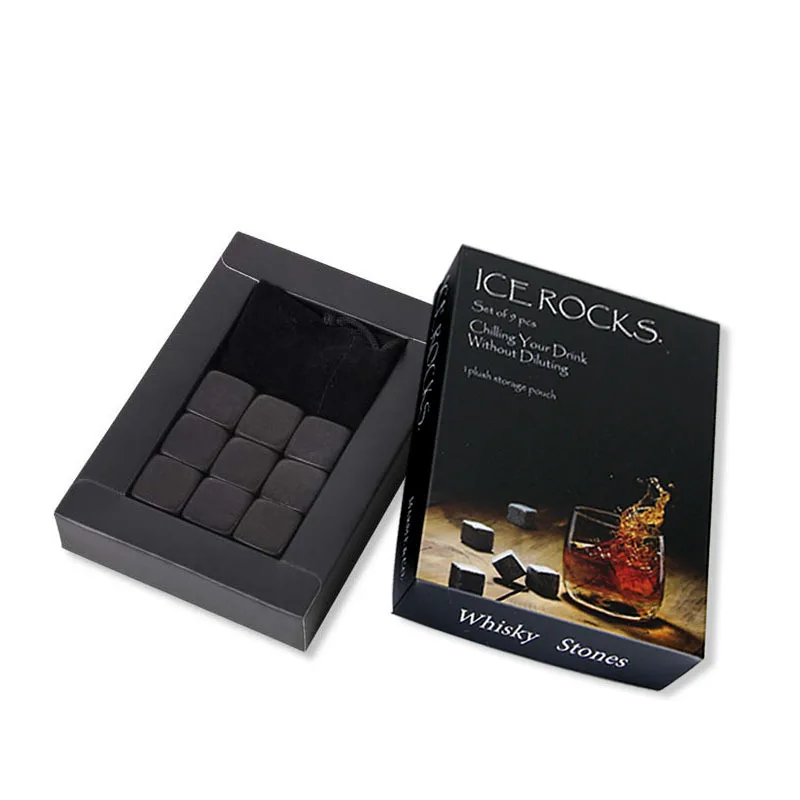 Premium Whiskey Stones100% natural granite Set Of 9 Chilling Rocks Stone Reusable Ice Cubes For Drinks  Velvet Carrying Pouch