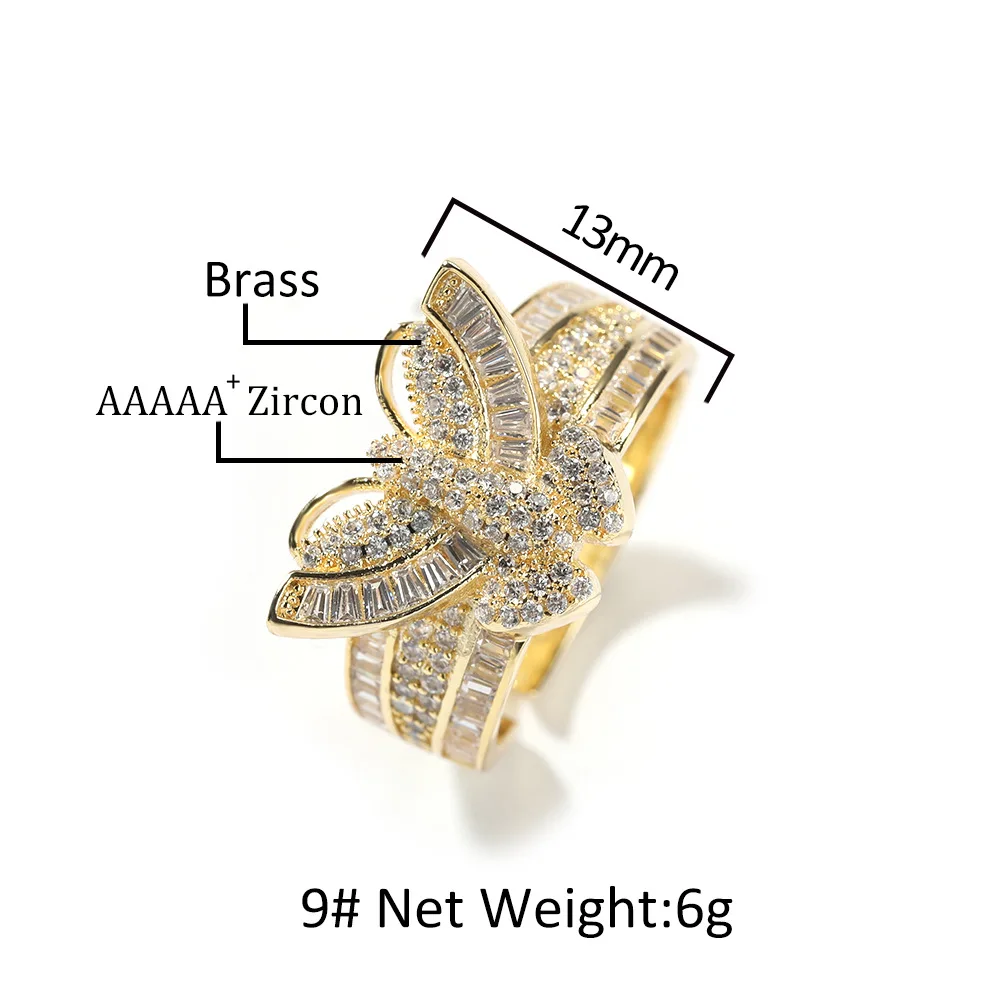 Hiphop Fashion Gold Plated Copper Butterfly Zircon Finger Ring Jewelry For Women Girls