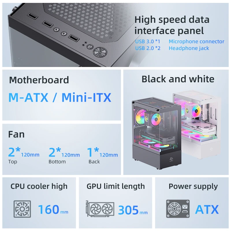 SNOWMAN PC Case Gaming Full View Dual Tempered Glass With USB3.0 Ports Black GPU Limit of 305mm In Length PC Computer Case