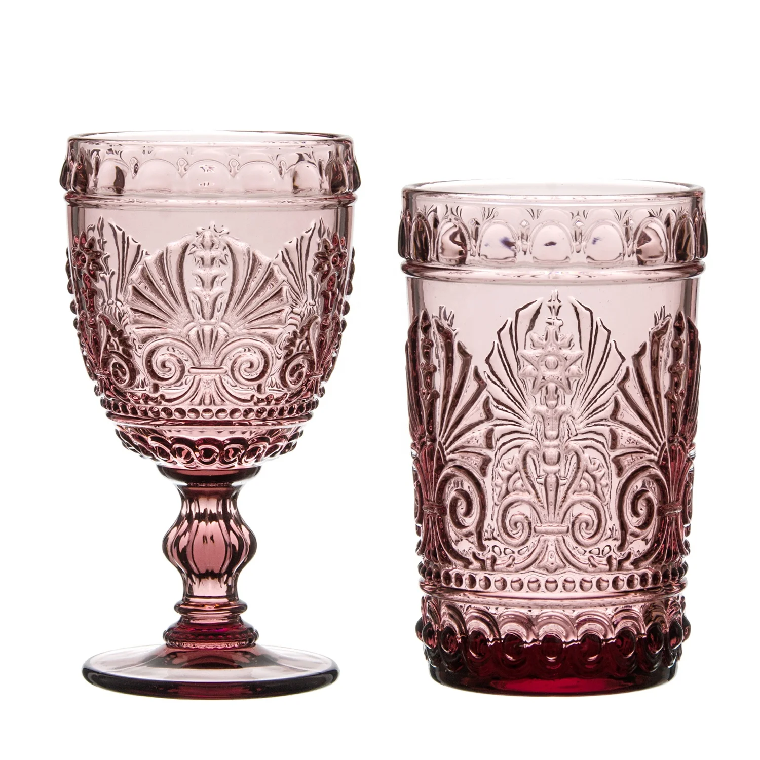 Wholesale European Vintage Thick embossed colorful goblet red wine glass, pink wine glasses