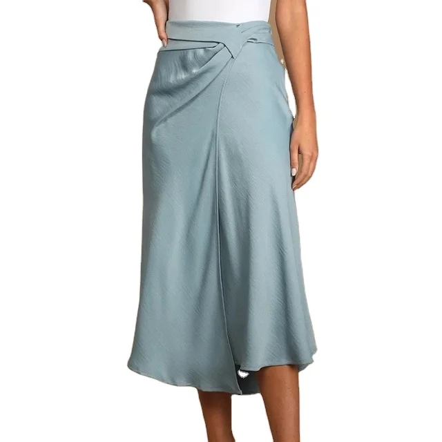 
Fashion And Leisure Soft Ruffle Dusty Blue Side Knotted Midi Skirt For Women 