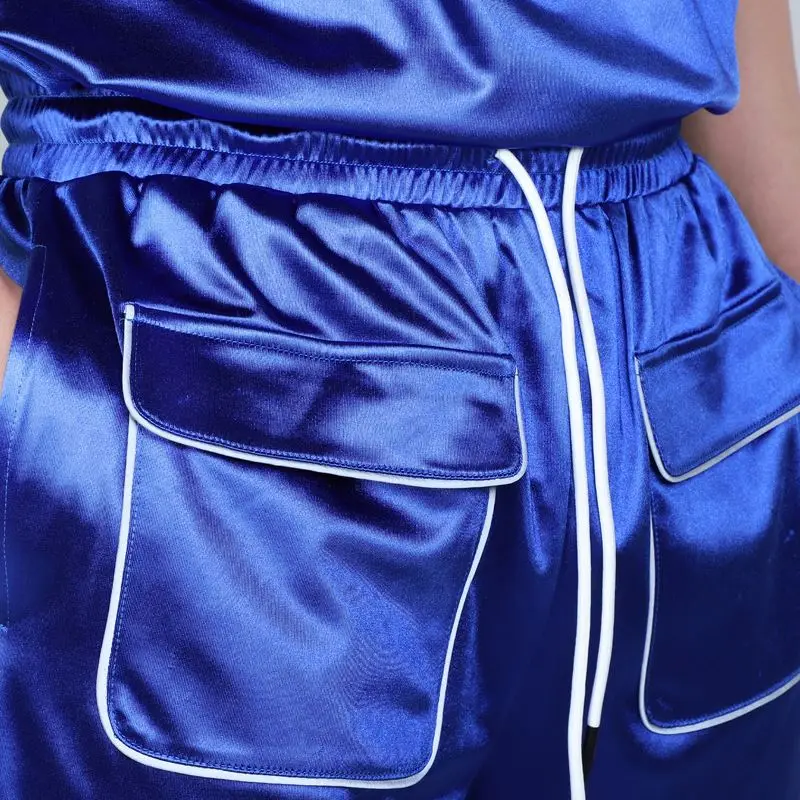 Xuhui Custom Embroidery Street Style Glossy Blue Big Pocket Custom Men Satin Shorts Gym Cargo Shorts For Male