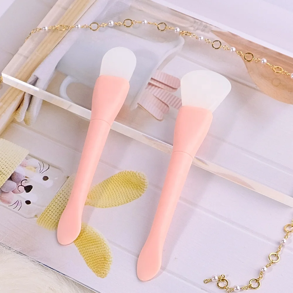 Pink Custom Logo Soft Double-end Silicone Face Mask Brush With Spatula