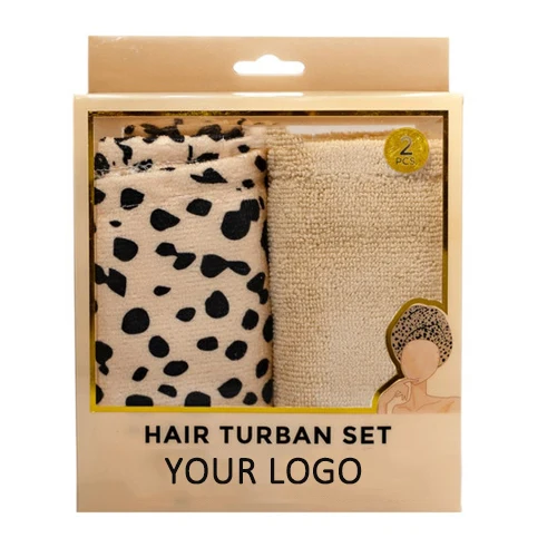 Private Label Cheetah Beige Shower Turban Set Drying Hair Wrap Towels Microfiber Hair Towel Hair Turbans