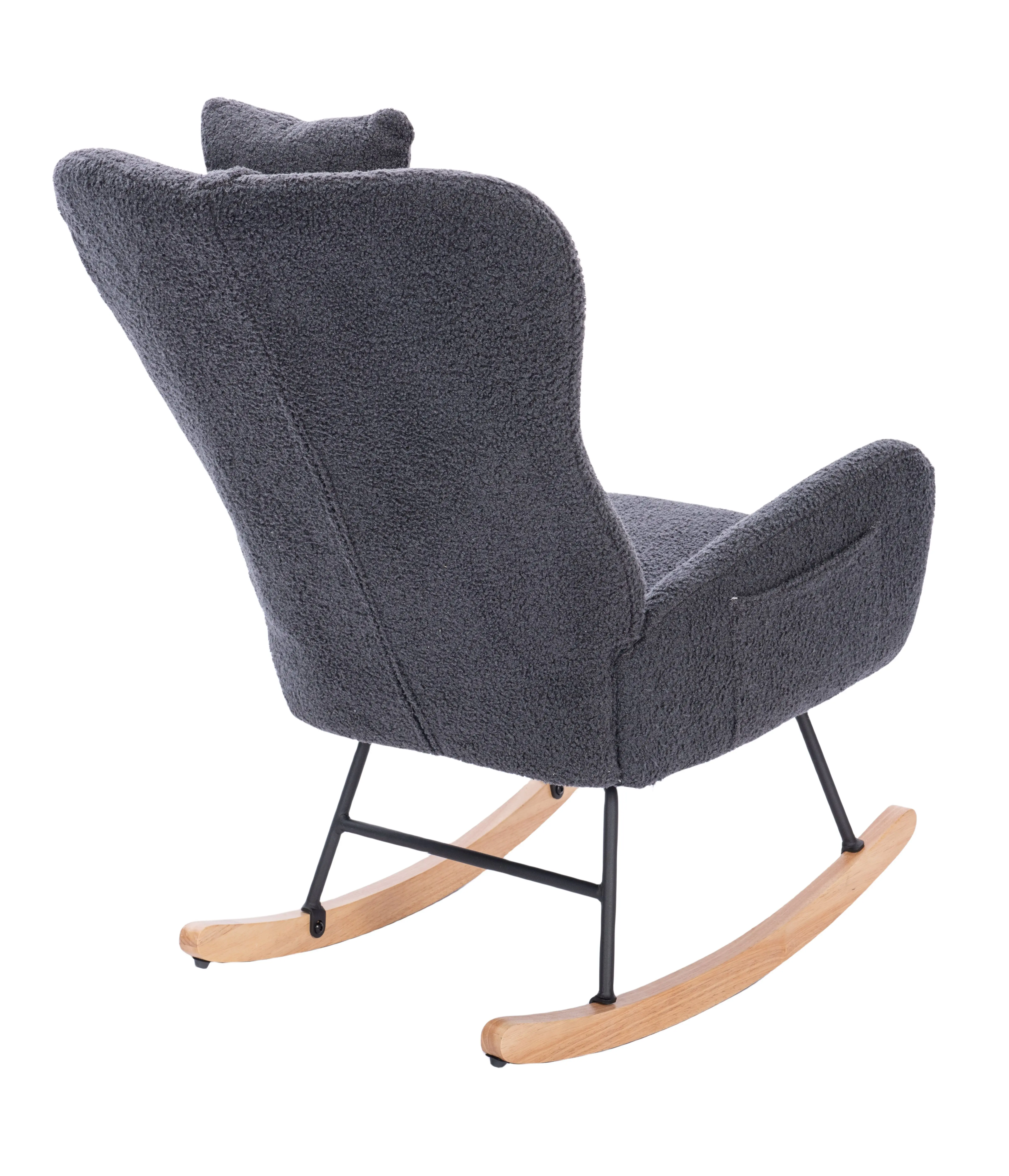 Rocking Chair Nursery, Teddy Armchair with Wood Base, Baby Glider Rocker with Headrest & Side Handy Pocket, GREY