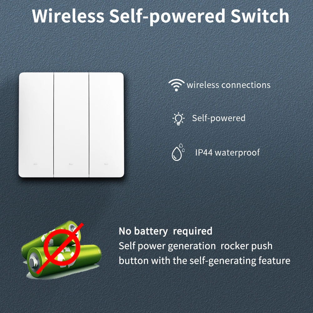 Supply  Wireless Remote Control Wall Light Switch Outdoor Waterproof Push Button Switch Panel 2 Way Kinetic Energy Power Switch