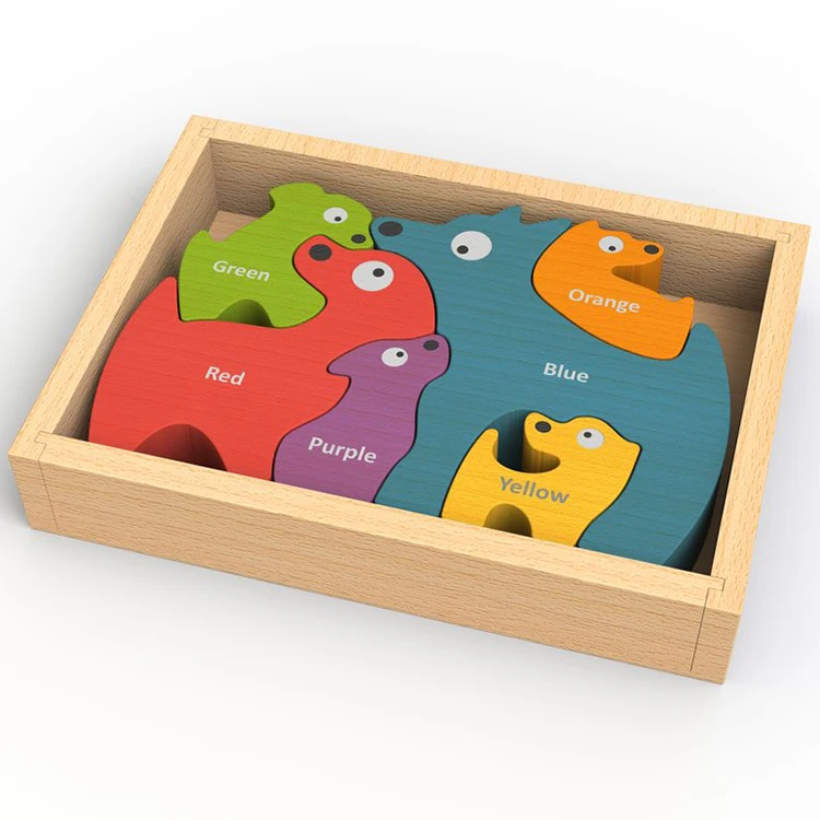 Eco-friendly toysWooden Dog Family Color Names Puzzle for Toddlers Custom Cube Puzzle Educational Blocks Toys