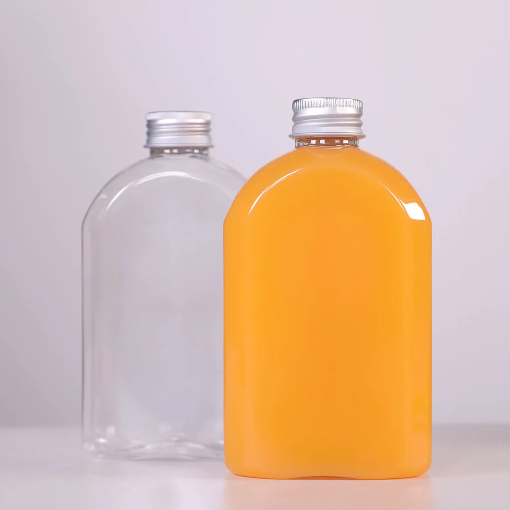 Plastic 350ml  12oz Flask Arch Shaped Plastic Cold Brew Coffee Bottles Beverage Orange Juice Bottles with Aluminium Caps
