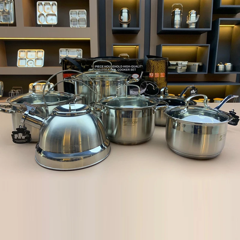 5 Layers Bottom 12 Pcs Stainless Steel Cookware Pot Set Household High Quality Pot Set With Glass Lids And Water Kettle