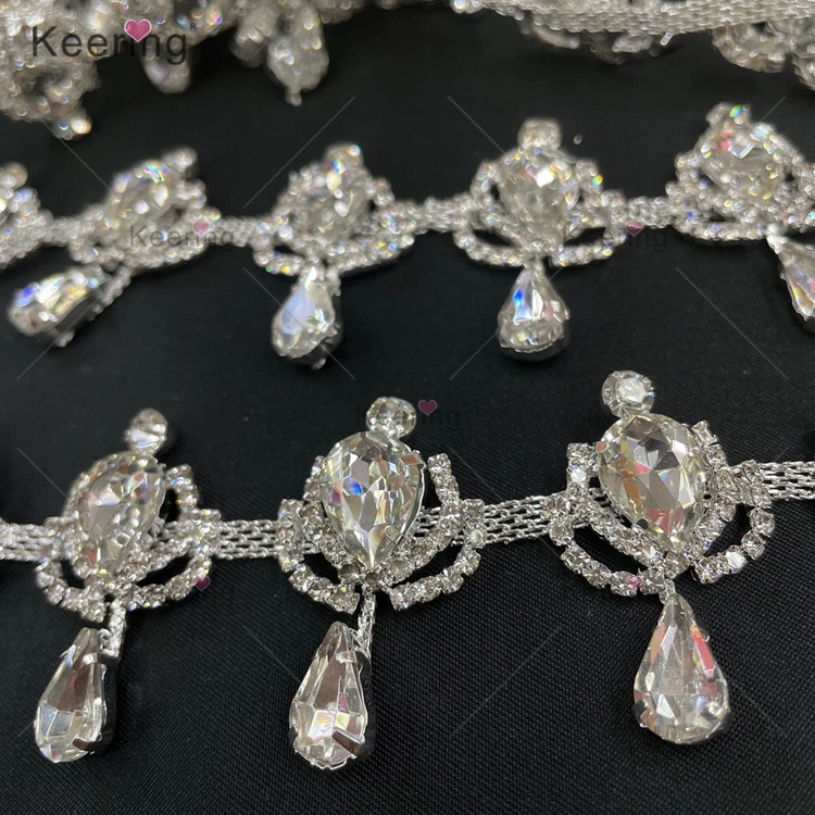 WRC-417 Keering Crown Droplet Crystal Chain Roll Rhinestone Cup Chain Trimming Tassel Fringe For Dresses